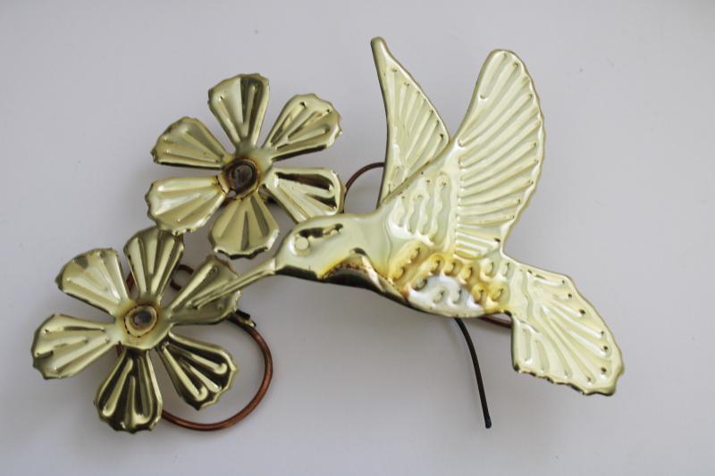 photo of 70s vintage metal art wall plaques, copper and brass hummingbirds w/ flowers #4