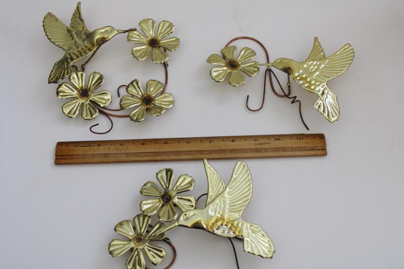 photo of 70s vintage metal art wall plaques, copper and brass hummingbirds w/ flowers #5