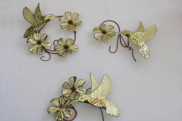 photo of 70s vintage metal art wall plaques, copper and brass hummingbirds w/ flowers