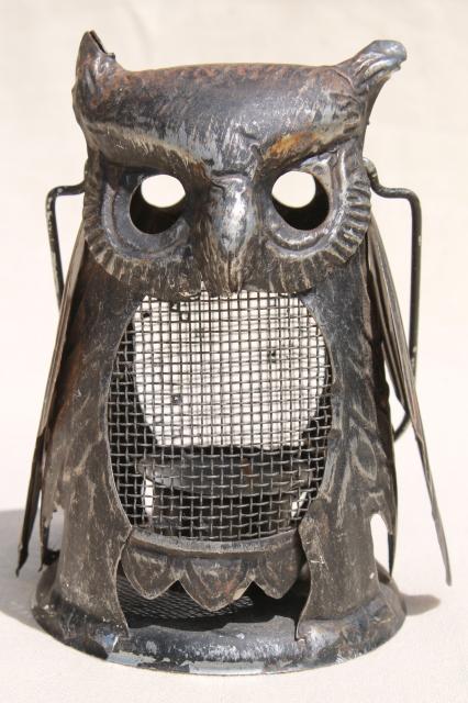 photo of 70s vintage metal owl candle lantern fairy light for rustic fall decor or Halloween #2