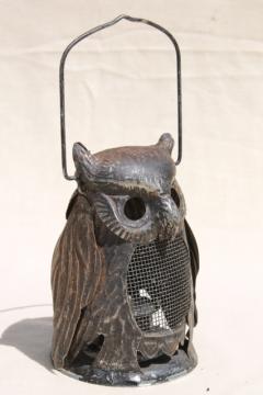 catalog photo of 70s vintage metal owl candle lantern fairy light for rustic fall decor or Halloween