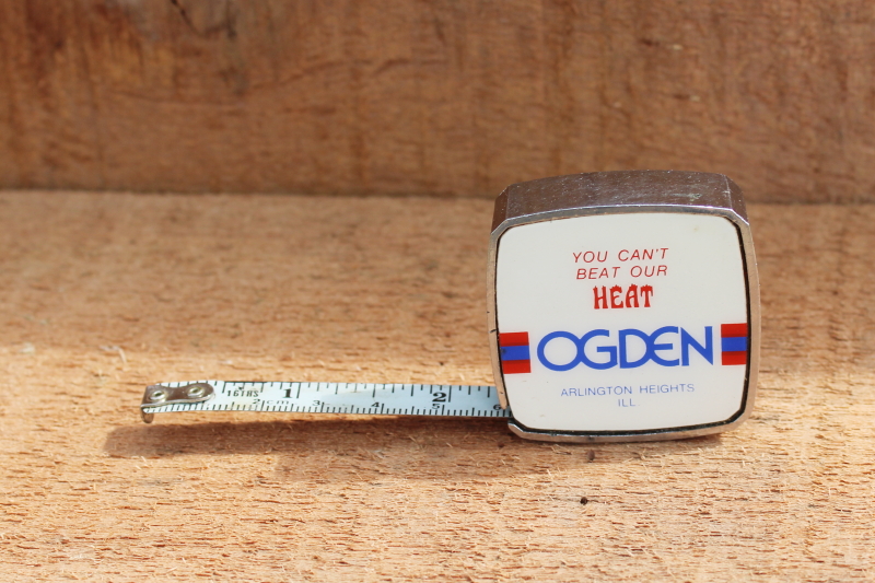 photo of 70s vintage metal tape measure advertising Ogden heating, Arlington Heights Illinois #1