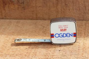 catalog photo of 70s vintage metal tape measure advertising Ogden heating, Arlington Heights Illinois 