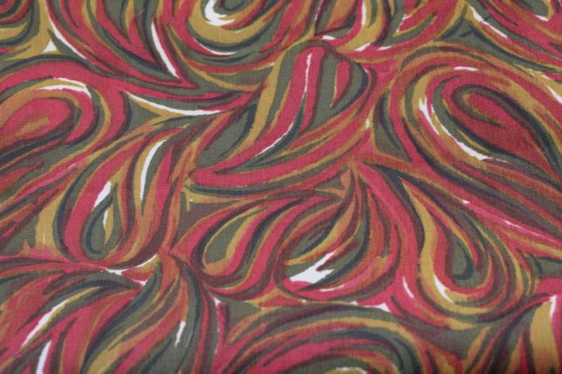 photo of 70s vintage mod girl silky polyester fabric, print swirls burgundy, olive, mustard #1