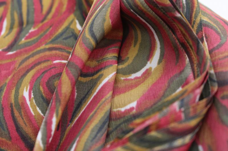 photo of 70s vintage mod girl silky polyester fabric, print swirls burgundy, olive, mustard #3