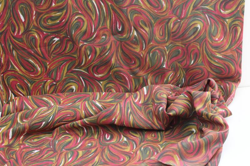 photo of 70s vintage mod girl silky polyester fabric, print swirls burgundy, olive, mustard #4