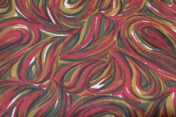 catalog photo of 70s vintage mod girl silky polyester fabric, print swirls burgundy, olive, mustard