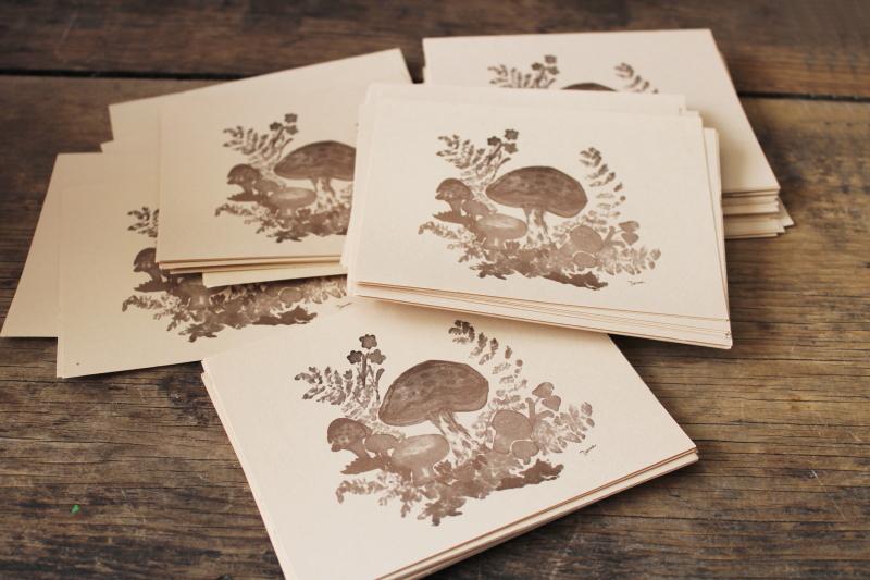 photo of 70s vintage mushrooms print note paper stationery, sepia tone brown monochrome #1