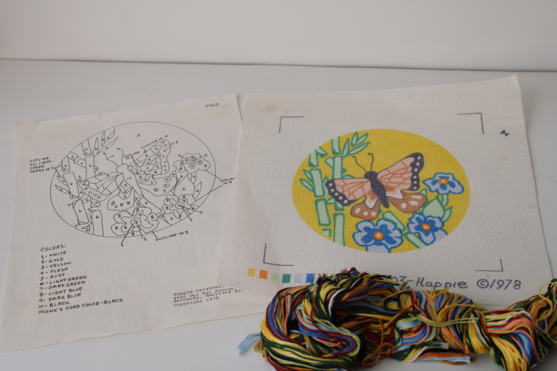 photo of 70s vintage needlepoint kit, monarch butterfly round design, chart, printed canvas & yarns  #1