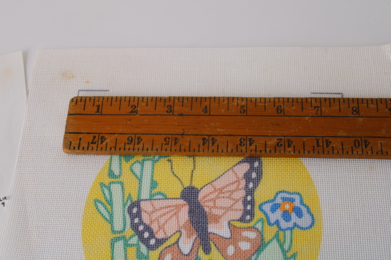 photo of 70s vintage needlepoint kit, monarch butterfly round design, chart, printed canvas & yarns  #2