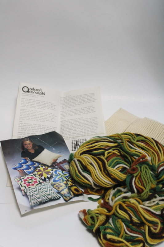 photo of 70s vintage needlework kit, wool yarns, chart & canvas for bargello needlepoint sampler #1