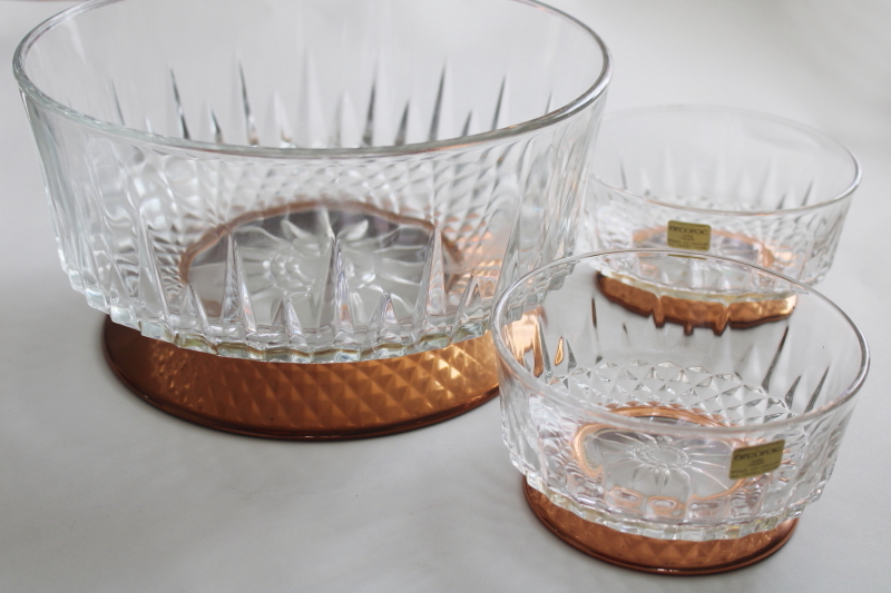 photo of 70s vintage new w/ labels Copper Craft Guild Arcoroc glass snack serving bowls large & small #1