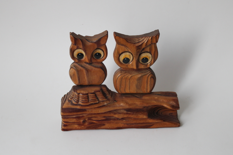 photo of 70s vintage owls on a log, carved cedar wood big eyed owl couple #1