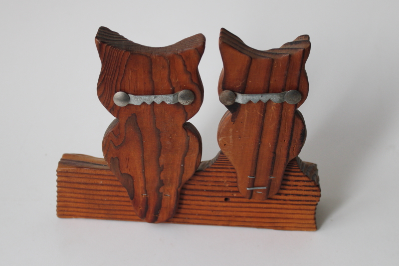 photo of 70s vintage owls on a log, carved cedar wood big eyed owl couple #2