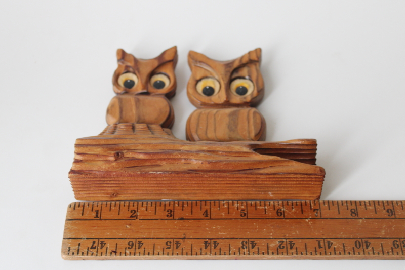 photo of 70s vintage owls on a log, carved cedar wood big eyed owl couple #4