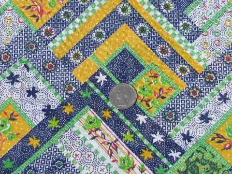 photo of 70s vintage patchwork quilt cheater print fabric, blue & yellow #1
