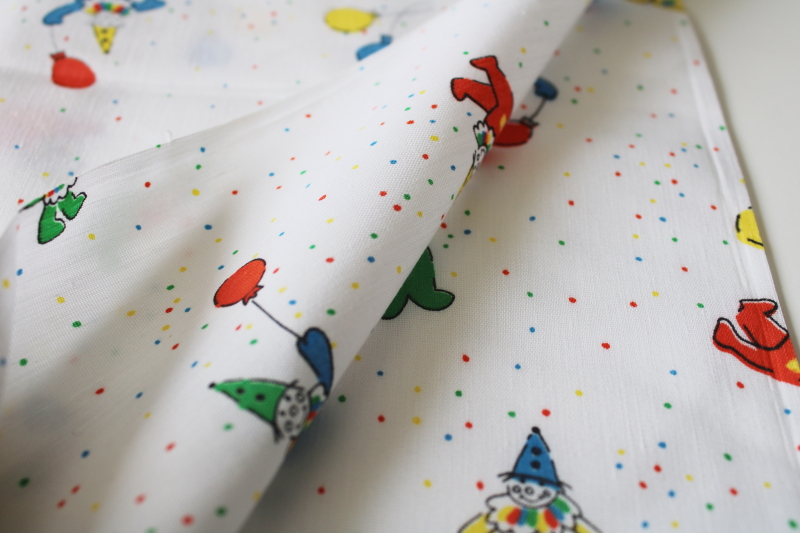 photo of 70s vintage poly cotton blend fabric, multicolor circus clowns print on white #2