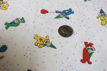 catalog photo of 70s vintage poly cotton blend fabric, multicolor circus clowns print on white