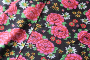 catalog photo of 70s vintage poly fabric, retro gypsy punk boho floral print black w/ shocking pink roses