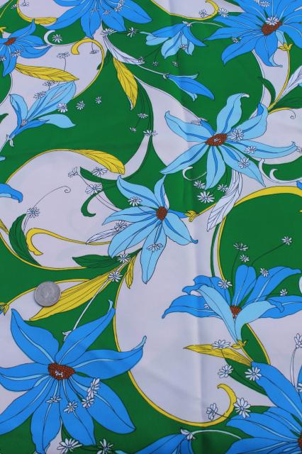 photo of 70s vintage polyester fabric, blue lily tropical leaves print, very retro! #1