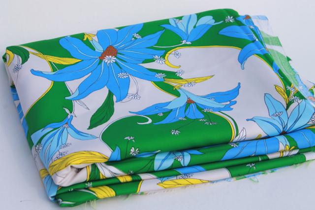 photo of 70s vintage polyester fabric, blue lily tropical leaves print, very retro! #4