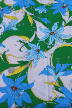 catalog photo of 70s vintage polyester fabric, blue lily tropical leaves print, very retro!