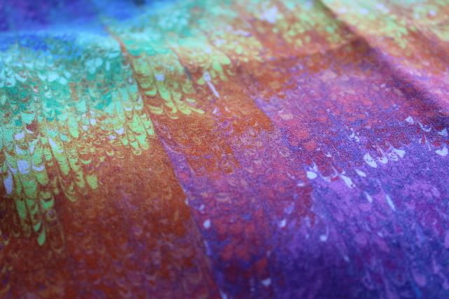 photo of 70s vintage polyester fabric w/ rainbow marbled sublimated print, groovy gay pride #4