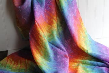 catalog photo of 70s vintage polyester fabric w/ rainbow marbled sublimated print, groovy gay pride