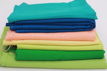 catalog photo of 70s vintage polyester fabric, spring summer solid colors lot peach, blue, green