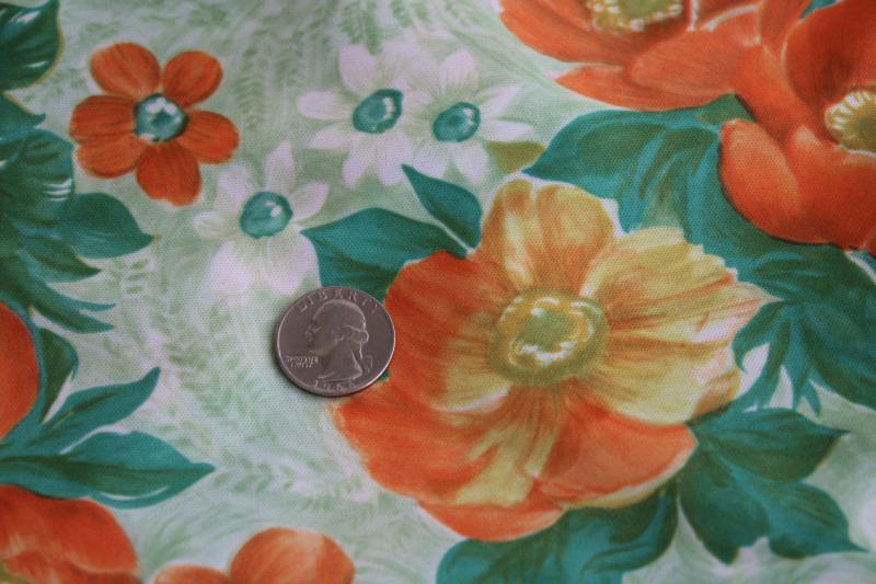 photo of 70s vintage polyester fabric, tricot knit poly lime green w/ tangerine orange flowers #2