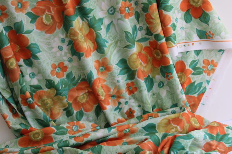 photo of 70s vintage polyester fabric, tricot knit poly lime green w/ tangerine orange flowers #4