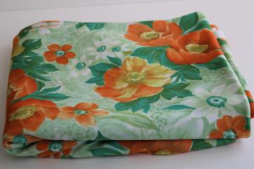 catalog photo of 70s vintage polyester fabric, tricot knit poly lime green w/ tangerine orange flowers