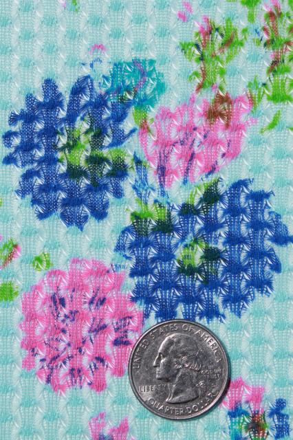 photo of 70s vintage polyester knit lace w/ retro flower print, semi sheer poly fabric #1