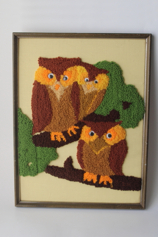 photo of 70s vintage punch needle embroidery, loopy texture yarn owls, owl family w/ googly eyes  #1