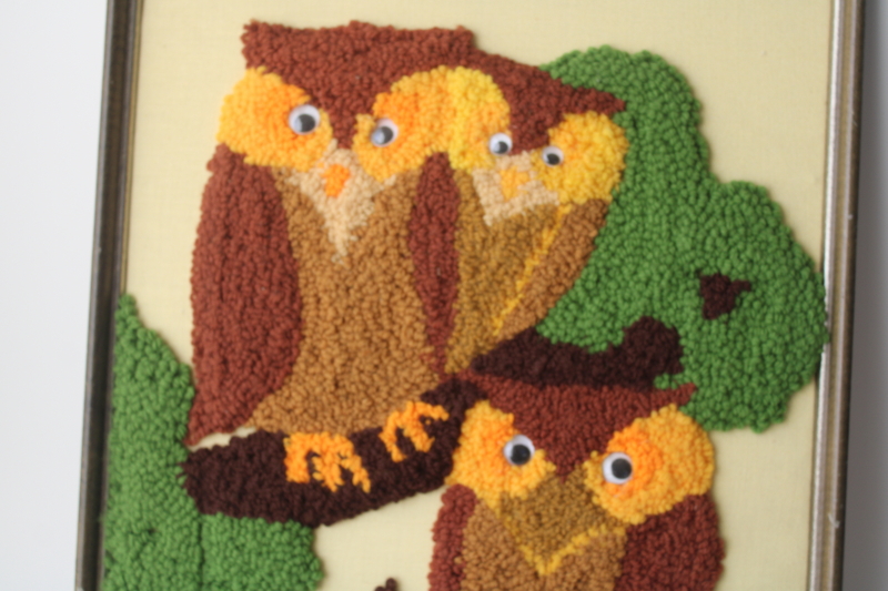 photo of 70s vintage punch needle embroidery, loopy texture yarn owls, owl family w/ googly eyes  #2