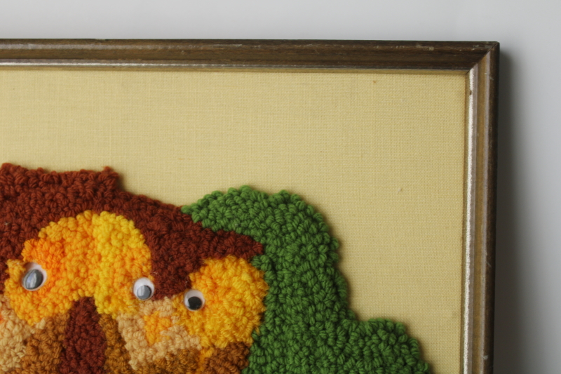 photo of 70s vintage punch needle embroidery, loopy texture yarn owls, owl family w/ googly eyes  #3