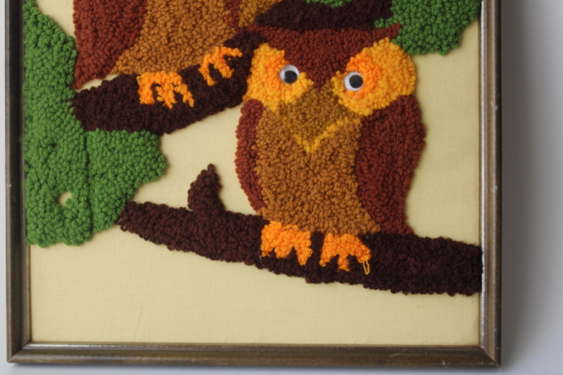 photo of 70s vintage punch needle embroidery, loopy texture yarn owls, owl family w/ googly eyes  #4