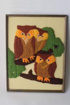 70s vintage punch needle embroidery, loopy texture yarn owls, owl family w/ googly eyes 