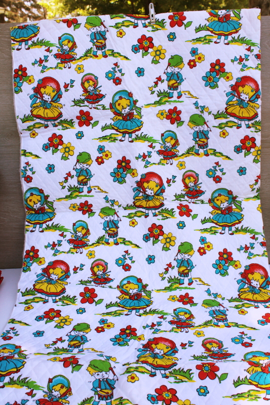 photo of 70s vintage quilted fabric w/ old fashioned children, girl in bonnet, drummer boy #1