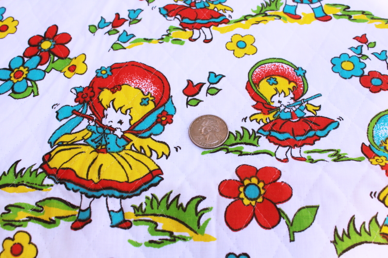 photo of 70s vintage quilted fabric w/ old fashioned children, girl in bonnet, drummer boy #2