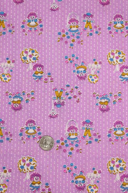 photo of 70s vintage quilting weight cotton fabric, Raggedy Ann dolls on lavender purple #1