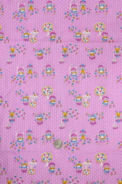 photo of 70s vintage quilting weight cotton fabric, Raggedy Ann dolls on lavender purple #2