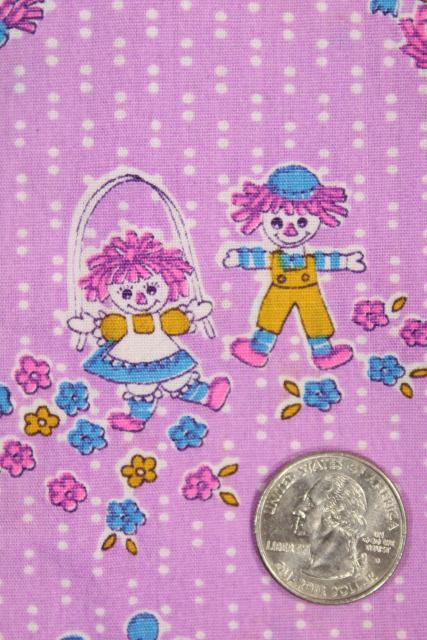 photo of 70s vintage quilting weight cotton fabric, Raggedy Ann dolls on lavender purple #3