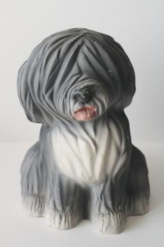 catalog photo of 70s vintage shaggy sheepdog puppy dog, handmade ceramic bank 