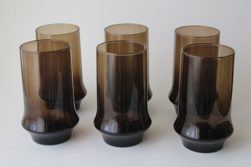 photo of 70s vintage smoke brown glass tumblers, Libbey Impromptu 16 oz drinking glasses set #1