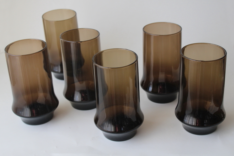 photo of 70s vintage smoke brown glass tumblers, Libbey Impromptu 16 oz drinking glasses set #4