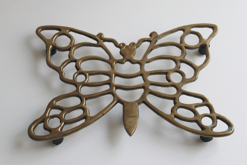 photo of 70s vintage solid brass butterfly trivet, retro kitchen wall art  #1