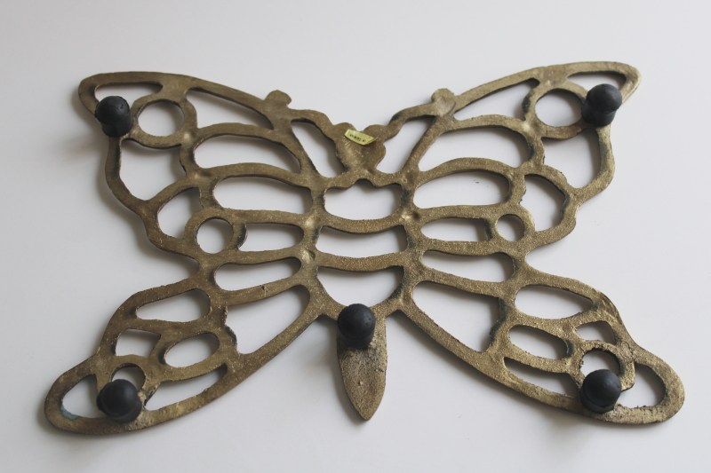 photo of 70s vintage solid brass butterfly trivet, retro kitchen wall art  #2