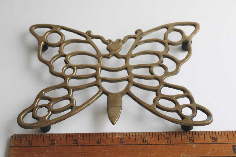 photo of 70s vintage solid brass butterfly trivet, retro kitchen wall art  #4