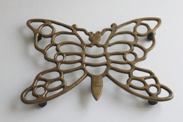 70s vintage solid brass butterfly trivet, retro kitchen wall art 